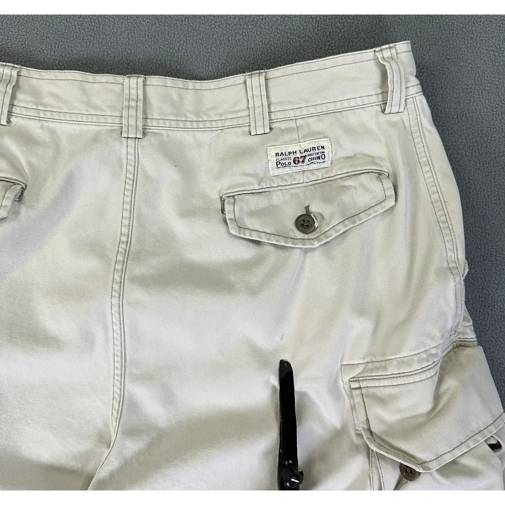 Polo Ralph Lauren‎ Cargo Shorts Mens 36 Light Beige Baggy Distressed Logo Y2K